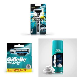 Gillette Mach3 Razor – 1 Count and Gillette Mach 3 Manual Shaving Razor Blades – 4s Pack (Cartridge) combo pack and Gillette Sensitive Skin Shave Foam – 418 g super value combo pack