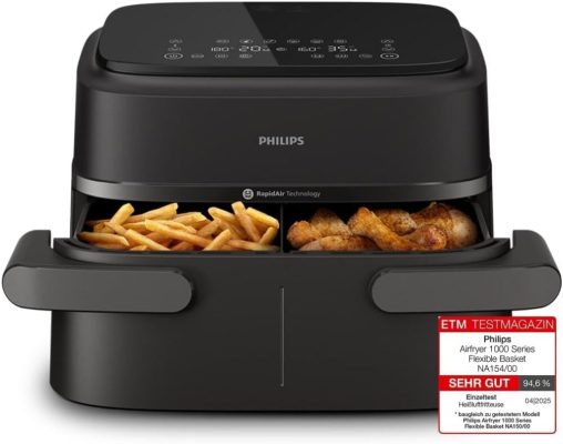 Philips Airfryer 1000 Series Flexible Basket – 7.1 L Capacity, RapidAir Technology, 10 Cooking Functions, 90% Less Fat, Compact Design, HomeID Recipe App (NA154/00), Black
