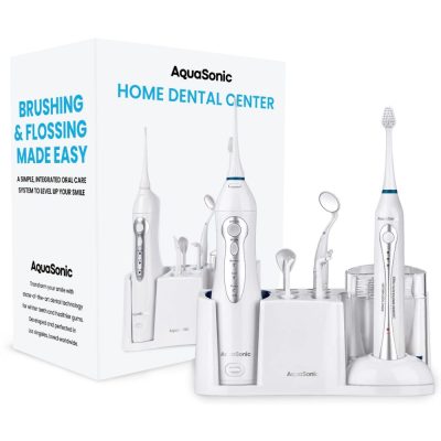 AquaSonic Home Dental Center Rechargeable Power Toothbrush & Smart Water Flosser – Complete Family Oral Care System – 10 Attachments and Tips Included – Various Modes & Timers (White)
