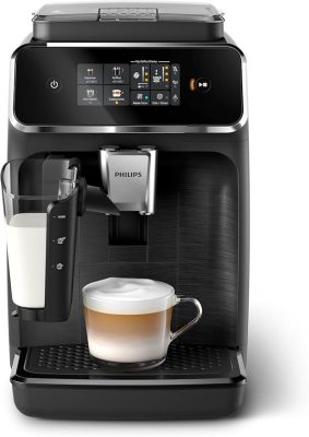 Philips 2300 Series Fully Automatic Coffee Machine – 4 Drinks, Modern Colour Touchscreen Display, LatteGo Milk System, SilentBrew, 100% Ceramic Grinder, AquaClean Filter, Matte Black (EP2330/10)