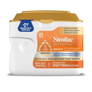 Similac360 Total Care Sensitive Infant Formula for Fussiness & Gas Due to Lactose Sensitivity, Has 5 HMO Prebiotics, Non-GMO,‡ Baby Formula Powder, 20.1-oz Tub
