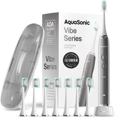 Aquasonic Vibe Series Ultra-Whitening Toothbrush – ADA Accepted Electric Toothbrush – 8 Brush Heads & Travel Case – 40,000 VPM Motor & Wireless Charging – 4 Modes w Smart Timer – Charcoal Metallic