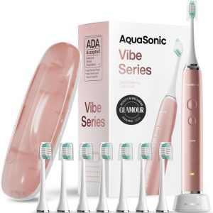 Aquasonic Vibe Series Ultra-Whitening Toothbrush – ADA Accepted Electric Toothbrush – 8 Brush Heads & Travel Case – 40,000 VPM Motor & Wireless Charging – 4 Modes w Smart Timer – Satin Rose Gold
