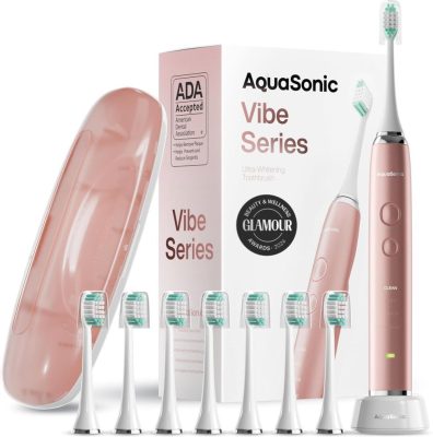 Aquasonic Vibe Series Ultra-Whitening Toothbrush – ADA Accepted Electric Toothbrush – 8 Brush Heads & Travel Case – 40,000 VPM Motor & Wireless Charging – 4 Modes w Smart Timer – Satin Rose Gold