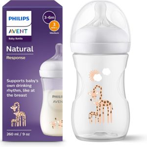 Philips Avent Natural Response Baby Bottle – 260ml Baby Milk Bottle, BPA Free for Babies 1 Month+, Giraffe Pattern (Model SCY903/66)