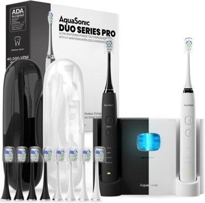 AquaSonic DUO PRO – Ultra Whitening 40,000 VPM Electric ToothBrushes – ADA Accepted – 4 Modes with Smart Timers – UV Sanitizing & Wireless Charging Base – 10 ProFlex Brush Heads & 2 Travel Cases