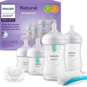 Philips Avent AirFree Vent Baby Bottle Newborn Gift Set – 4 Baby Milk Bottles with Air-Free Vent, Ultra-Soft Pacifier and Bottle Brush, Babies Aged 0-12 Months+ (Model SCD657/11)