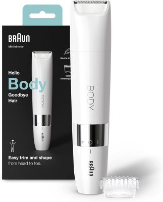 Braun Body Mini Trimmer, Gentle Body Hair Removal, Precision Trimmer, Wet & Dry, 100% Waterproof, BS1000, White