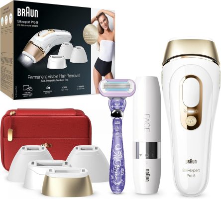 Braun Silk·Expert Pro 5 PL5387 Latest Generation IPL, Visible Hair Removal, White&Gold & Braun Face Mini Hair Remover FS1000