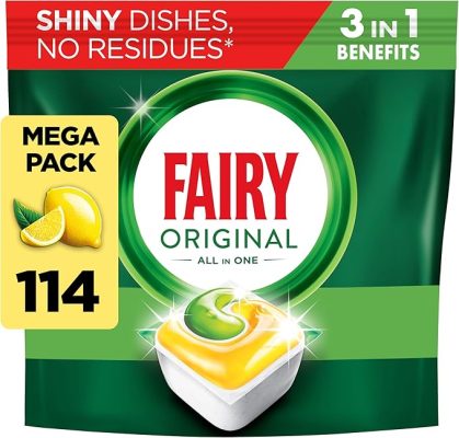 Fairy Original All-In-1 Dishwasher Tablets Lemon, Dishwasher Tablets Fairy, 114 Tablets, Effective Even on Dried-On Grease, Dishwasher Tablets Bulk