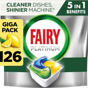 Fairy Platinum Complete Lemon Dishwasher Tablets 126ct, Fairy Dishwasher Tablets Platinum, Dishwasher Tablets Bulk, Pack of 6 (21 pod per pack)