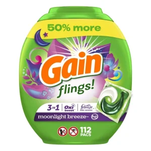 Gain flings Laundry Detergent Soap Pacs HE Compatible 112 ct Long Lasting Scent Moonlight Breeze