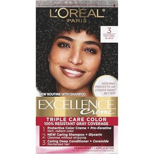 L’Oreal Paris Excellence Creme Permanent Triple Care Hair Color, 3 Natural Black, Gray Coverage For Up to 8 Weeks, All Hair Types, Pack of 1