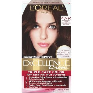 L’Oreal Paris Excellence Creme Permanent Triple Care Hair Color, 4AR Dark Chocolate Brown, Gray Coverage For Up to 8 Weeks, All Hair Types, Pack of 1