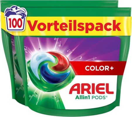 Ariel Laundry Detergent Pods All-in-1, Liquid Detergent Capsules, 100 Washes, Colour+, Powerful Stain Removal from the First Wash