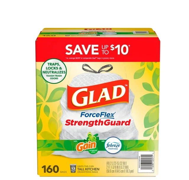 Glad ForceFlex 13-gallon kitchen trash bags, Win Original Scent + Febreze, 160