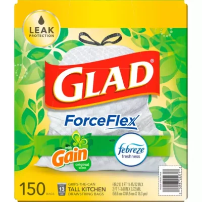 Feature Details
Brand Glad
Product Line ForceFlex
Bag Type Tall Kitchen Trash Bags
Capacity 13 gallons (49.2 L)
Count 150 bags
Closure Type Drawstring
Material Plastic
Color Gray
Scent Fresh Clean / Odor-control scent (varies slightly by retailer)
Strength Technology ForceFlex stretchable design
Leak Protection 2-layer leak protection
Tear Resistance RipGuard technology
Fits Standard 13-gallon kitchen trash cans
Approx. Bag Dimensions 23.5–25.4 in × 24.9–25.4 in (varies slightly by package version)
Thickness Approximately 0.72 mil
Features Stretchable strength, odor control, drawstring handles, leak resistance